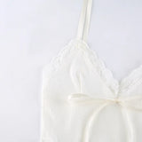 Lace Trim Crop Top Aesthetic White Bow Cute Sweet Mini Vest Knitted Basic Casual Tee Women Summer Backless Beach