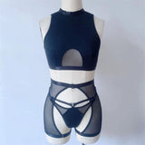 Sexy Lingerie Set Woman 3 Pieces Vest Top Seamless Underwear Garter Belt Set Thong Black Intimate Exotic Sets