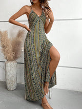 Women's Summer Ethnic Pattern Backless Split Thigh Dress Ladies Summer Clothes Boho Fashion Frill Trim Long Dress for Beach