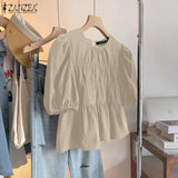 ZANZEA Women Summer Tops Short Sleeve Blouse 2025 Casual Solid Color Tunic Female Ruffled Round Neck Pleated Blusas Oversized