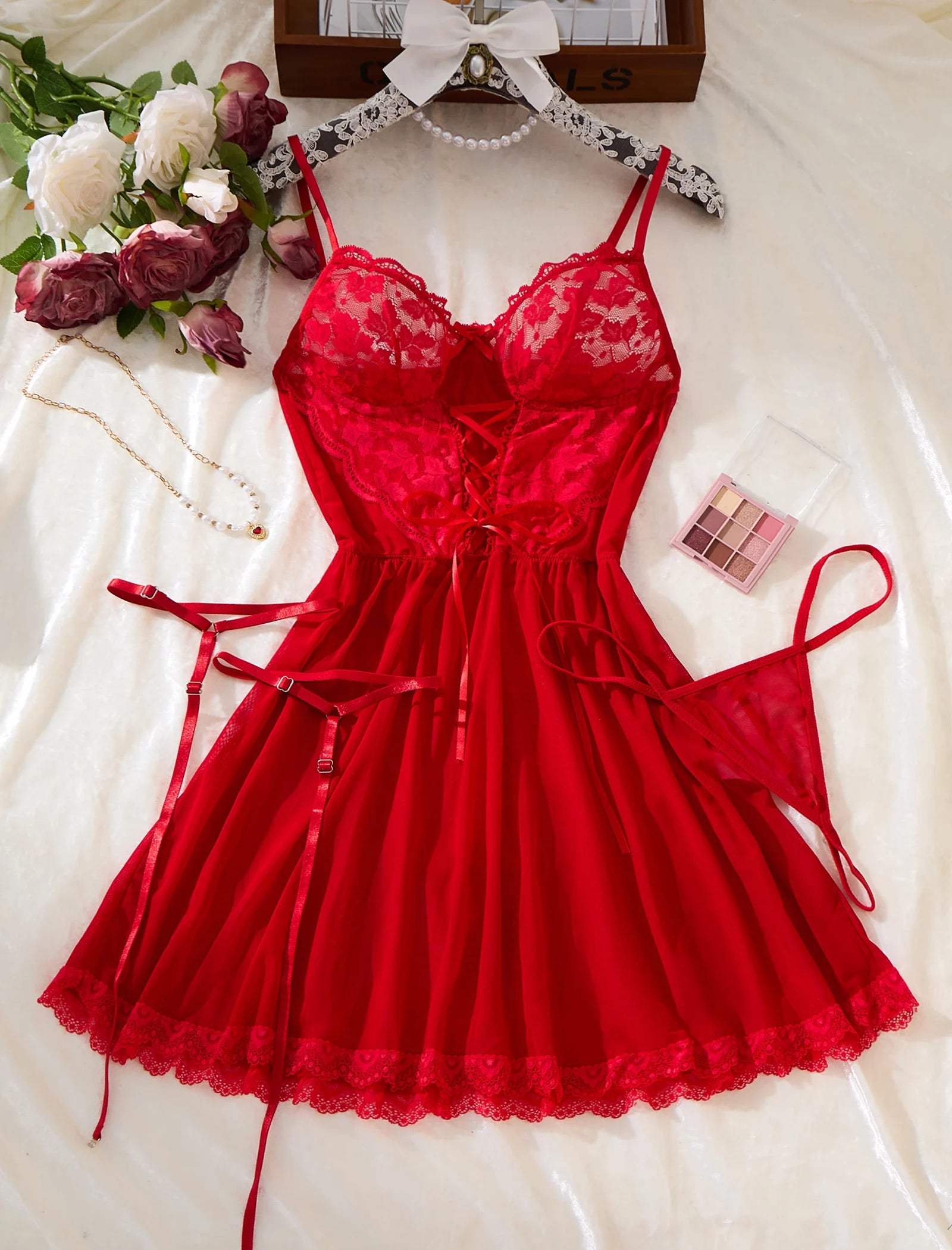 Sexy Bra And Garter Belt Lingerie Hot Red Babydoll Dress Erotic Women Exquisite 3-Piece Sets Thong Nightgown Set With Leg Rings