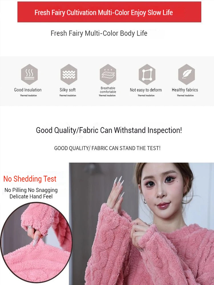 Women's Thickened Warm Sleepwear coral velvet homewear Fluffy O-neck leisure pajamas Striped Large Size Adapted Winter Sleepwear