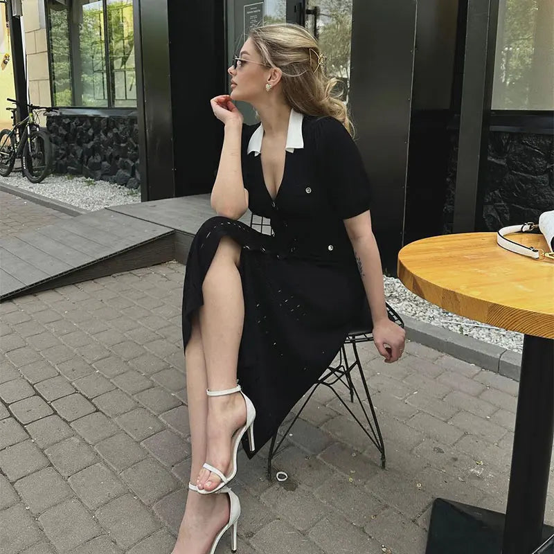 Contrast Single Breasted Knitted Dress For Women Elegant Lapel Short Sleeve Hollow Out Chic Dresses Female Red Black Vestidos