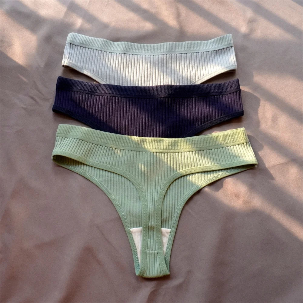 3 Pcs Seamless Ladies Ribbed Cotton Thong Simple Women's Low Waist Bikini Briefs Sports Girls Underwear Plus Size