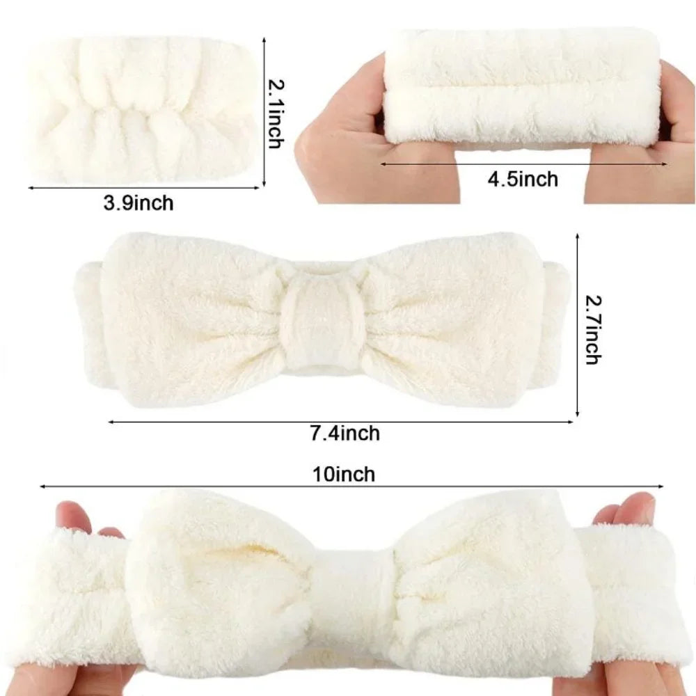Women's Soft Coral Fleece Headband Wide Bow Hair Band Wristband for Skincare Face Washing Hair Accessories