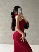 Red Skinny Sexy Turtleneck Midi Dress Women Evening Party Ladies Elastic Hip Wrap Elegant Bodycon Dresses Y2k Clothing