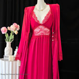 New Female Long Robe Nightgown Set Sexy Lace Trim Sleepwear Suspender Nightdress Spring Summer Casual Satin Home Dress Bathrobe