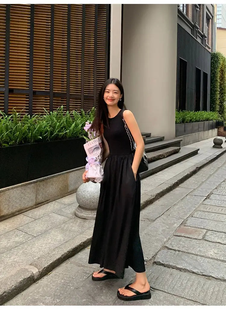 New Vintage Holiday Style Black Midi Dress Dresses for Women Clothing O Neck Office Lady Casual Pockets Women's Clothing