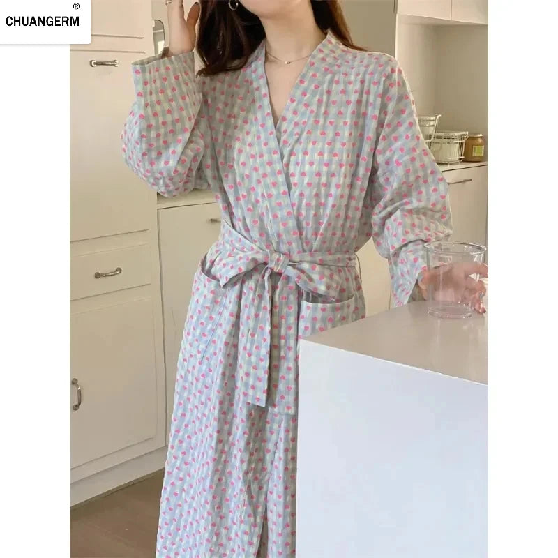 CHUANGERM Women Sweet Plaid Long Sleeve V Neck Lace Up Loose Medium Long Robe Comfortable Sexy Home Wear Loungewear