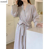 CHUANGERM Women Sweet Plaid Long Sleeve V Neck Lace Up Loose Medium Long Robe Comfortable Sexy Home Wear Loungewear