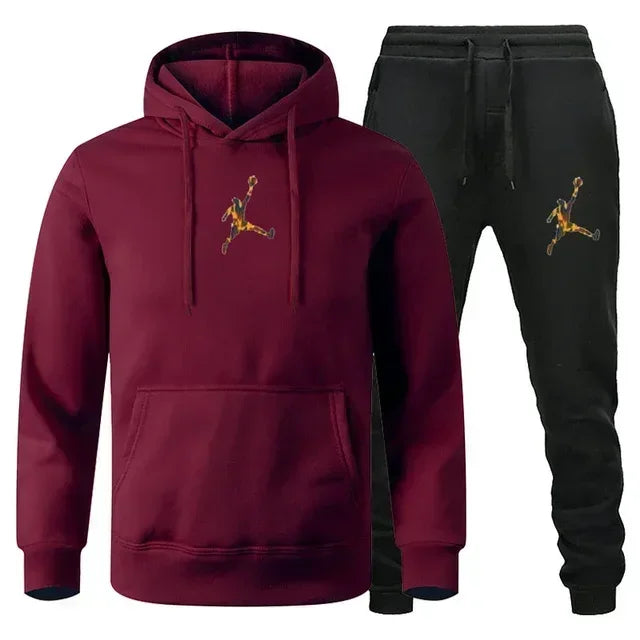 A 2-piece men's outdoor fitness sportswear set featuring a hooded long-sleeved sweatshirt, pullover and casual pants for autumn