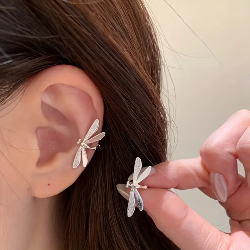 Statement Silver Color Dragonfly Clip Earrings No Piercing Ear Cuff Fairy Insect Ear Wrap Aesthetic Party Festival Accessories for Women
