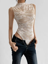 2025 Women's Summer Elegant Beige Black Sleeveless Lace Bodysuits Lady Luxury High Quality Street Bodycon Rompers Jumpsuits Tops