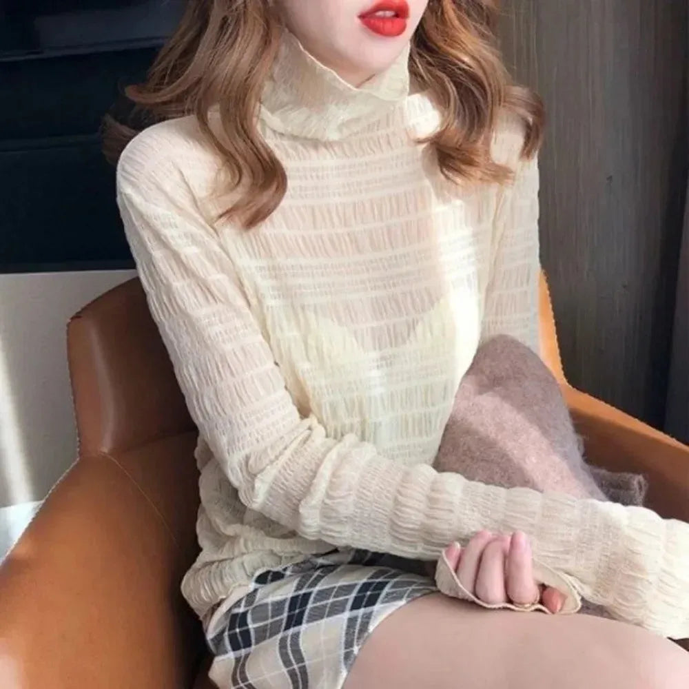 Women Elegant High Neck Polka Dot Blouse Mesh Lace Stitching Puff Long Sleeve Shirt Slim Fit Office Ladies Fashion Daily Tops