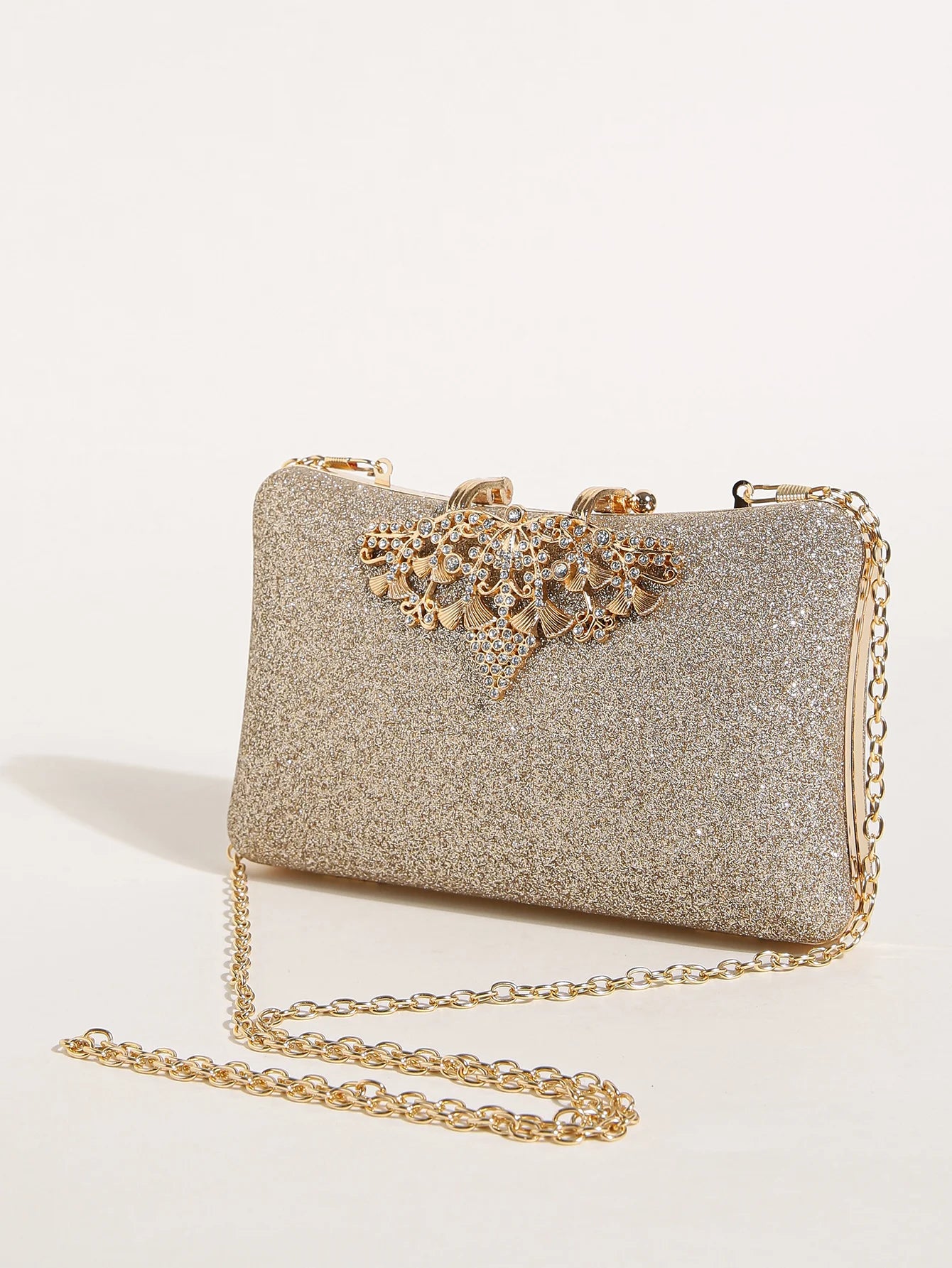1PC Gold Glitter Clutch Box with Rhinestone Decor Cut-out Flower Flap Lock Closure Elegant Textured Frame Purse for Dinner
