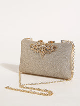 1PC Gold Glitter Clutch Box with Rhinestone Decor Cut-out Flower Flap Lock Closure Elegant Textured Frame Purse for Dinner