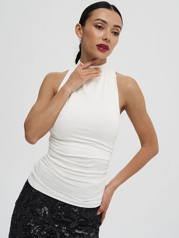 Sexy Backless Pure Color Summer New Women's Tank Top T-shirt Sleeveless Polyester Fiber Cross-Border Clothing