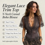 Women Boho Deep V Lace Trim Flutter Sleeve Chiffon Blouse, Sheer Tie Waist Vintage Cropped Vacation Top