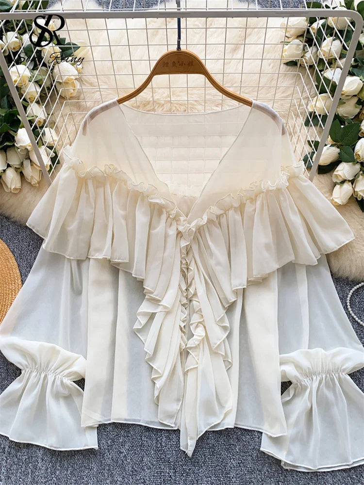SINGREINY Chic Ruffles Splice Chiffon Blouse V Neck Flared Sleeve Loose Tops 2025 Fashion Solid Fairycore Vacation Women Shirt