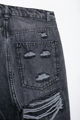 HH 2024 Women's Street Fashion Denim Blue Jeans Distressed Patchwork High Waist Zipper Fly Ripped Retro Long Pants