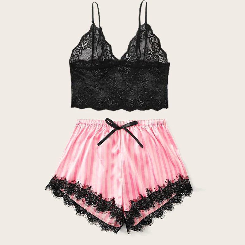 Summer Silk Satin Women's V-Neck Sexy Lace Suspender Pajama Shorts Set Stripes Heart Casual Women's Sleeveless Sexy Pajama Set