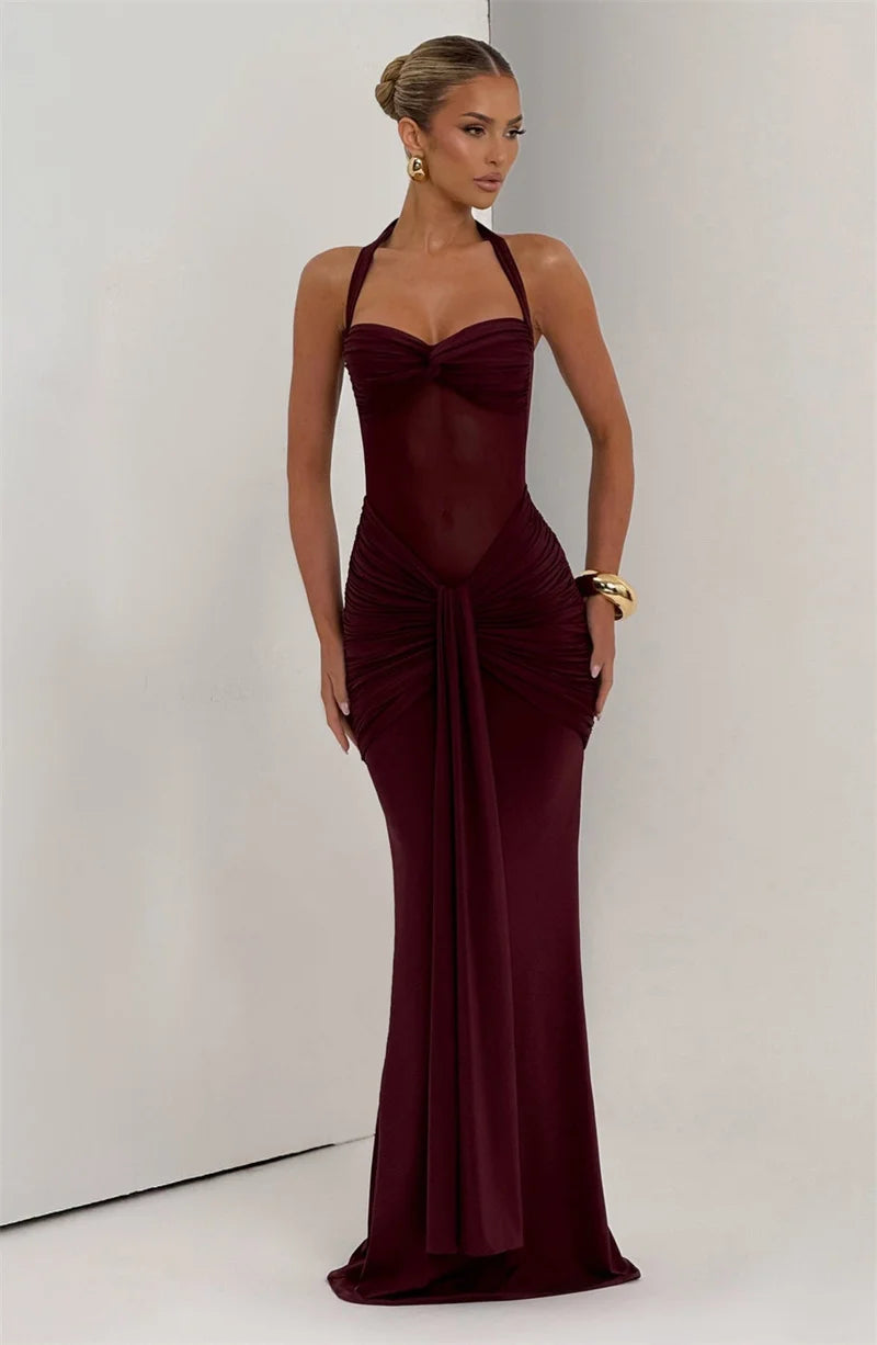 Mozision Halter Backless Sexy Maxi Dress Women Fashion Patchwork Off-shoulder Sleeveless Ruched Draped Bodycon Club Party Dress