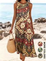 2026 Women's Sleeveless Bohemian Floral Casual Beach MIDI Sundress With Pockets Flowing and Loose Sweetheart Rustic Country