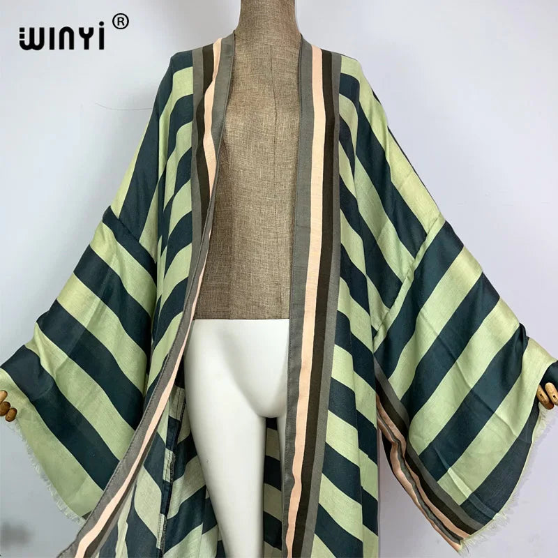 WINYI Kimono Africa Summer Boho Stripe Print Beach Swimwear Elegant Cardigan Sexy Holiday Maxi Beach Wear Swimsuit Evening Dress