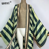 WINYI Kimono Africa Summer Boho Stripe Print Beach Swimwear Elegant Cardigan Sexy Holiday Maxi Beach Wear Swimsuit Evening Dress