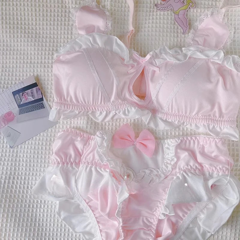 MOYISU Kawaii Lolita Bra Set, Bunny Ear Cutout No Wire Bralette Soft Sweetheart Lingerie Small Bust Pure Sexy Japanese Ya Ma Die