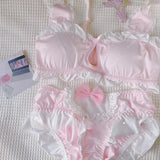 MOYISU Kawaii Lolita Bra Set, Bunny Ear Cutout No Wire Bralette Soft Sweetheart Lingerie Small Bust Pure Sexy Japanese Ya Ma Die