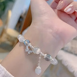 Dainty Blue Cats Eye Beaded Bracelet, Cute Butterfly Charm Elastic Hand Chain, Moonlight Opalite Stone Jewelry, Graduation Birthday Gift for Best Friend Teen