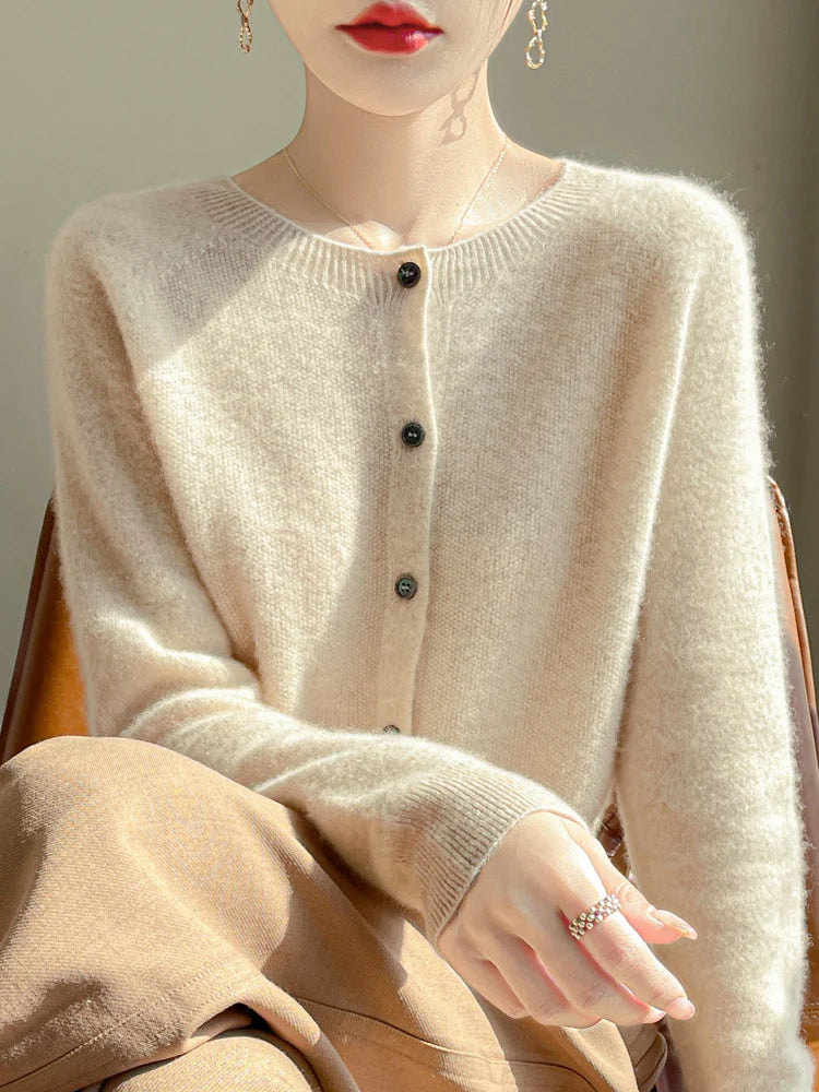 Women 100% Merino Wool Cardigan Soft O-Neck Cashmere Sweater OL Buttoned Knitwear Casual Top Clothing Korean Style