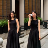New Vintage Holiday Style Black Midi Dress Dresses for Women Clothing O Neck Office Lady Casual Pockets Women's Clothing