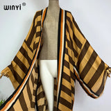 WINYI Kimono Africa Summer Boho Stripe Print Beach Swimwear Elegant Cardigan Sexy Holiday Maxi Beach Wear Swimsuit Evening Dress