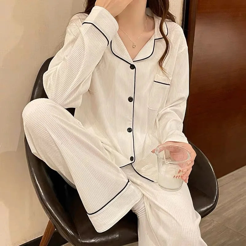Spring and Autumn New Women's Long Sleeve Solid Color Pajamas Loungewear Set Girls Student Long Sleeve Cardigan Loungewear Set