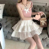Pleated A-line Skirt White Women Ruffles Sweet Hottie Preppy Style Elastic Elastic Waist Slim Thin SimpleCasual Summer Wholesale