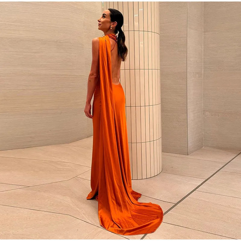 Elegant Ribbon Halter Dress Women Solid Off Shoulder Sleeveless Backless Slim Maxi Dresses 2025 Summer Autumn Party Robes Lady