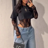 Sexy Women Crop Top+Lace Jacquard Full Sleeve Bodysuit Hottie Street Clubwear Slim Fit Wild Matching Basic Skinny Tees+Jumpsuit