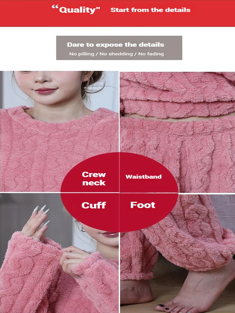 Women's Thickened Warm Sleepwear coral velvet homewear Fluffy O-neck leisure pajamas Striped Large Size Adapted Winter Sleepwear