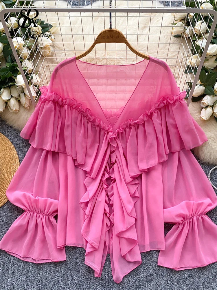 SINGREINY Chic Ruffles Splice Chiffon Blouse V Neck Flared Sleeve Loose Tops 2025 Fashion Solid Fairycore Vacation Women Shirt