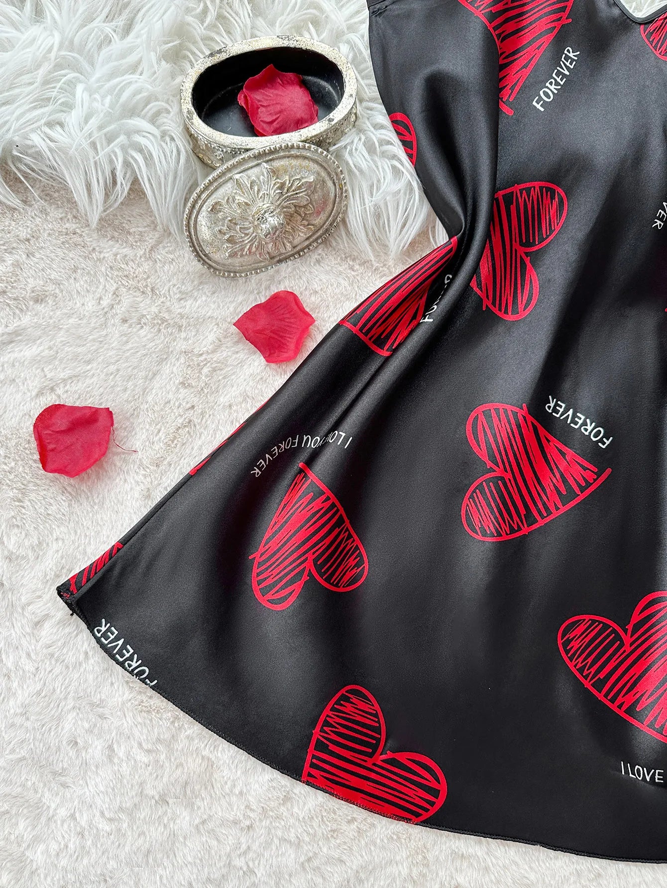 Valentine's Day Red Lip Print Satin Slip Nightdress V Neck Backless Mini Sleep Dress  Women's Sleepwear Dresses