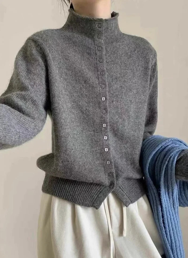 New Soft Comfortable Stand-Up Collar Sweater Cardigan Women Simple Single Breasted Cardigans Coat Autumn Solid Knitted Outerwear