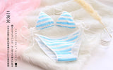 2PCS Women Bra Panties Set Sexy Lingeries Cotton Seamless Kawaii Bikini Lace-up Strap Blue White Striped Suit Female Underwear