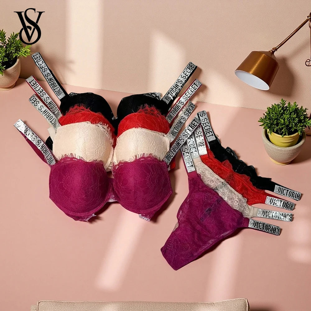 New Victoria's Secret Women's Sexy Bra and Panty Set Comfortable Push Up Shapewear Adjustable Padded Gathered Lace Lingerie Set