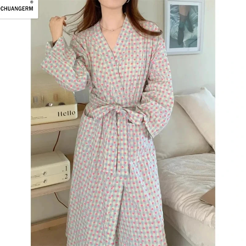 CHUANGERM Women Sweet Plaid Long Sleeve V Neck Lace Up Loose Medium Long Robe Comfortable Sexy Home Wear Loungewear