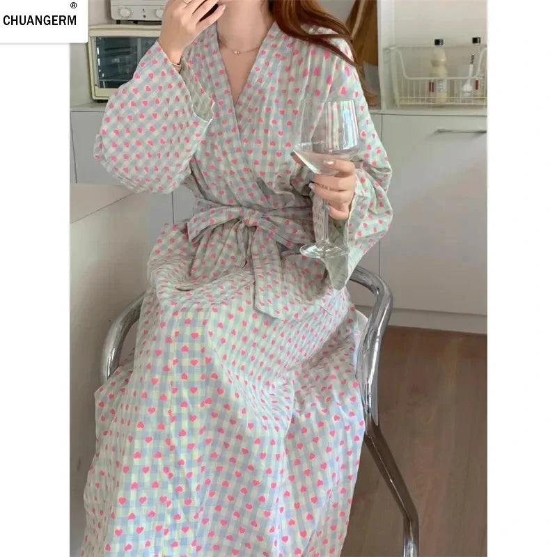 CHUANGERM Women Sweet Plaid Long Sleeve V Neck Lace Up Loose Medium Long Robe Comfortable Sexy Home Wear Loungewear