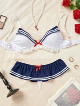 Naughty Sexy Sailor Lingerie Set, Schoolgirl Cosplay Costume 3 Piece Bikini Outfit for Roleplay Halloween Bachelorette Party