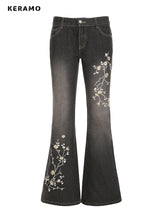 Weekeep Floral Embroidery Jeans Vintage 2000s Low Rise Flared Jeans Women Retro y2k Baggy Denim Pants High Street Basic Trousers