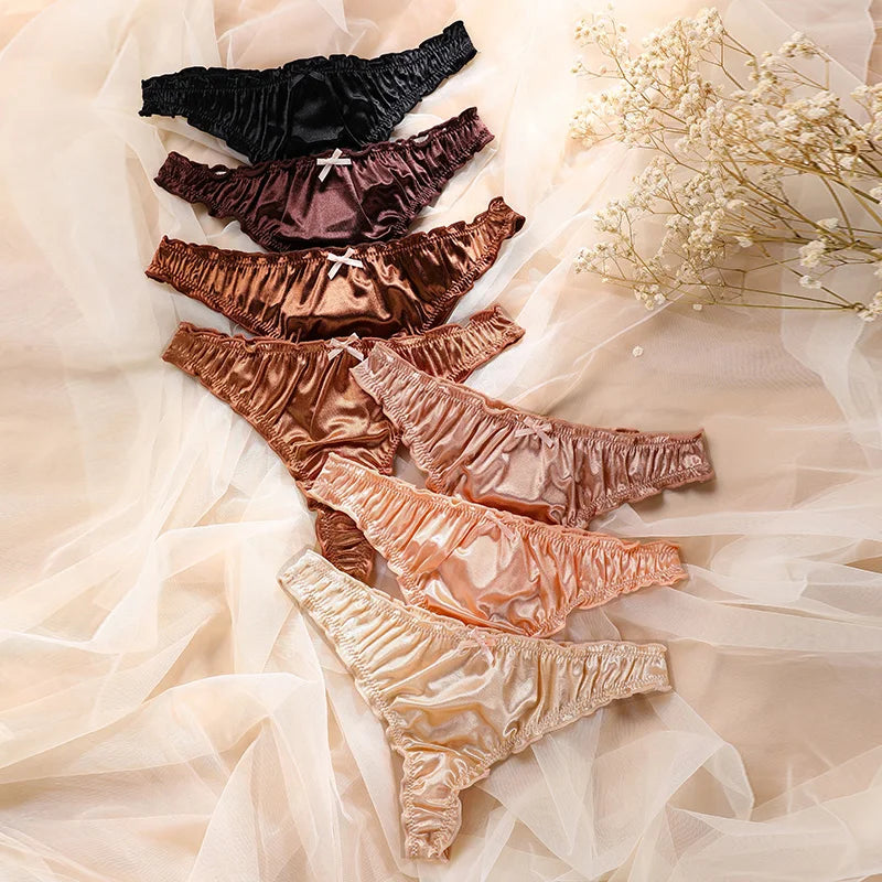 1Pcs/7Pcs Hot Sale Ladies Frill Trim Satin Ice Silk Seamless No Show Underwear Invisible Briefs Tanga Bragas Women's Panties